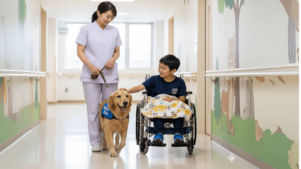 Bệnh viện Nhật dùng chó xoa dịu trẻ em mắc bệnh hiểm nghèo