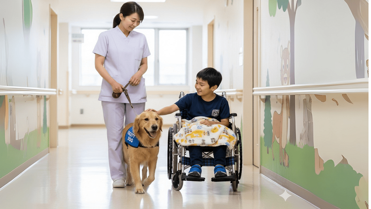 Bệnh viện Nhật dùng chó xoa dịu trẻ em mắc bệnh hiểm nghèo