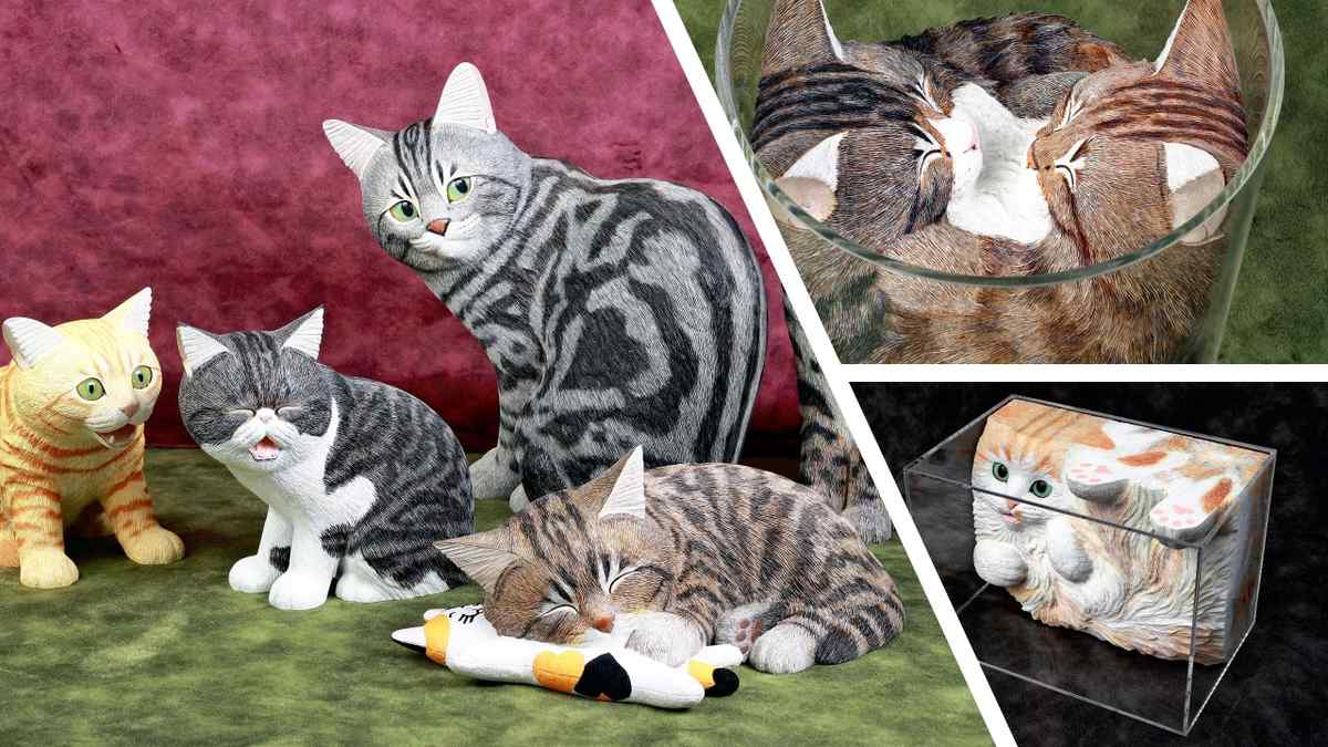 Nghệ sĩ Nhật điêu khắc tượng mèo gỗ sống động như mèo thật