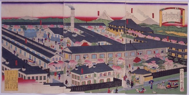 Tranh vẽ Nhà máy dệt lụa Tomioka thời Minh Trị